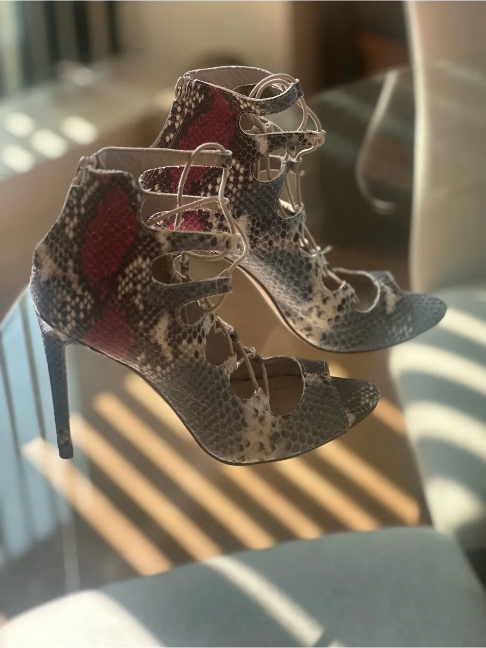 Zara Snake-Print Lace-Up leather Stiletto Heels in Pink and Neutral sz 39 (8 US)